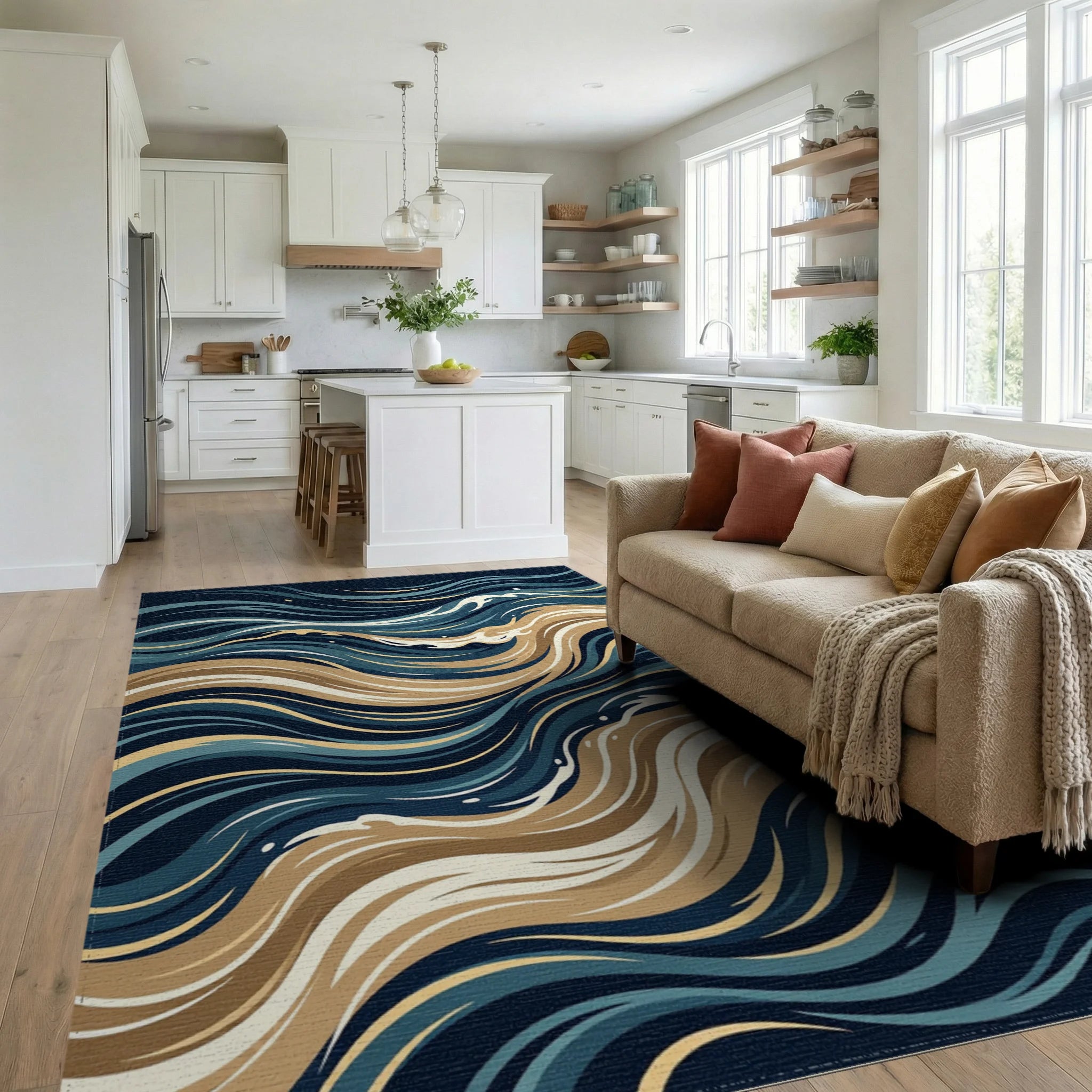 Abstract Flowing Ocean Waves Rug Living Room View