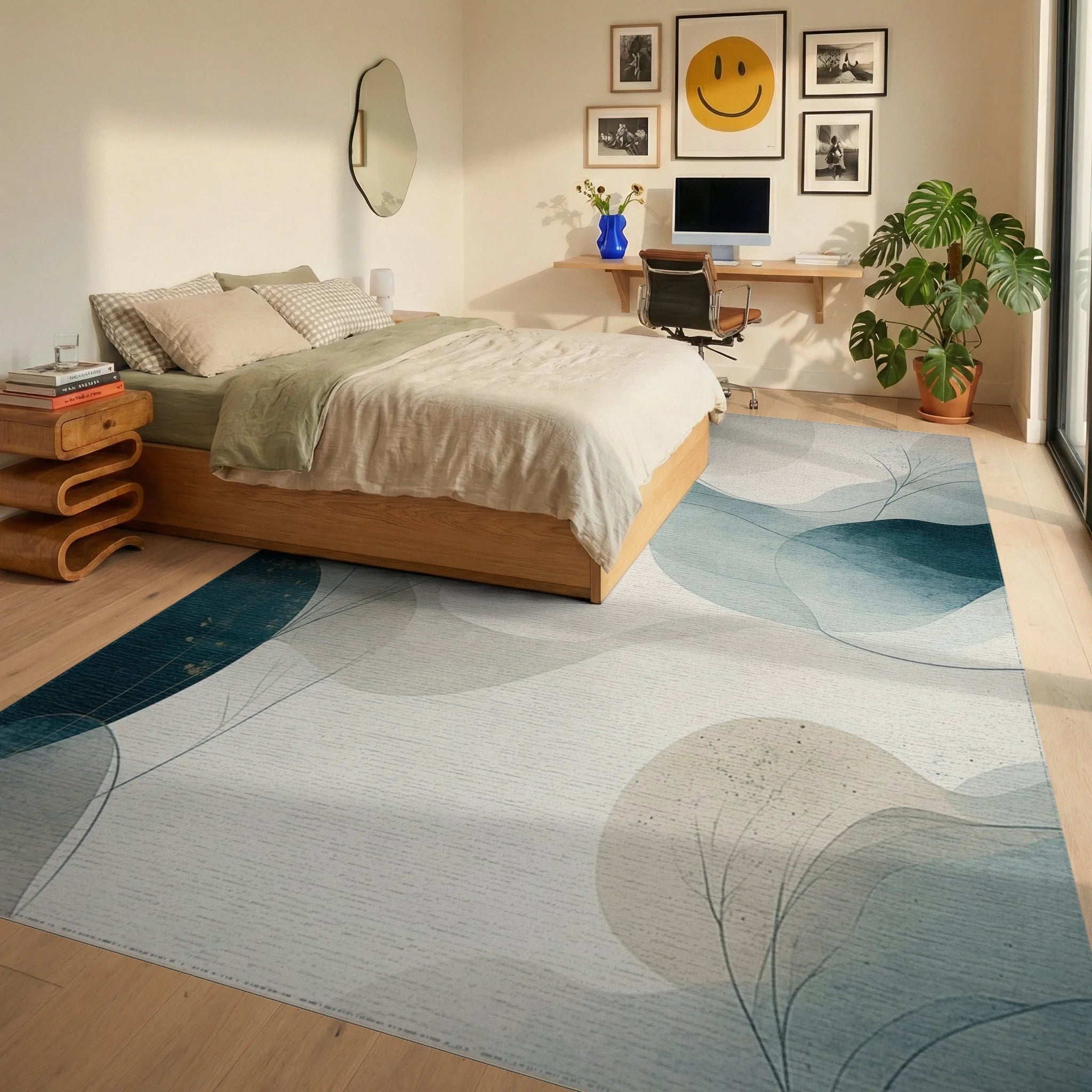 Abstract Flowing Watercolor Gold Accents Rug Bedroom View