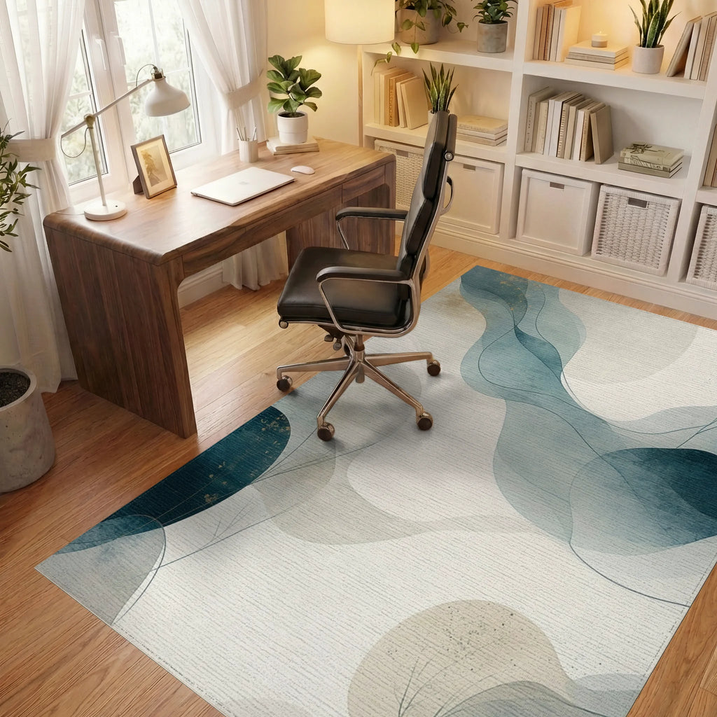 Abstract Flowing Watercolor Gold Accents Rug Office View