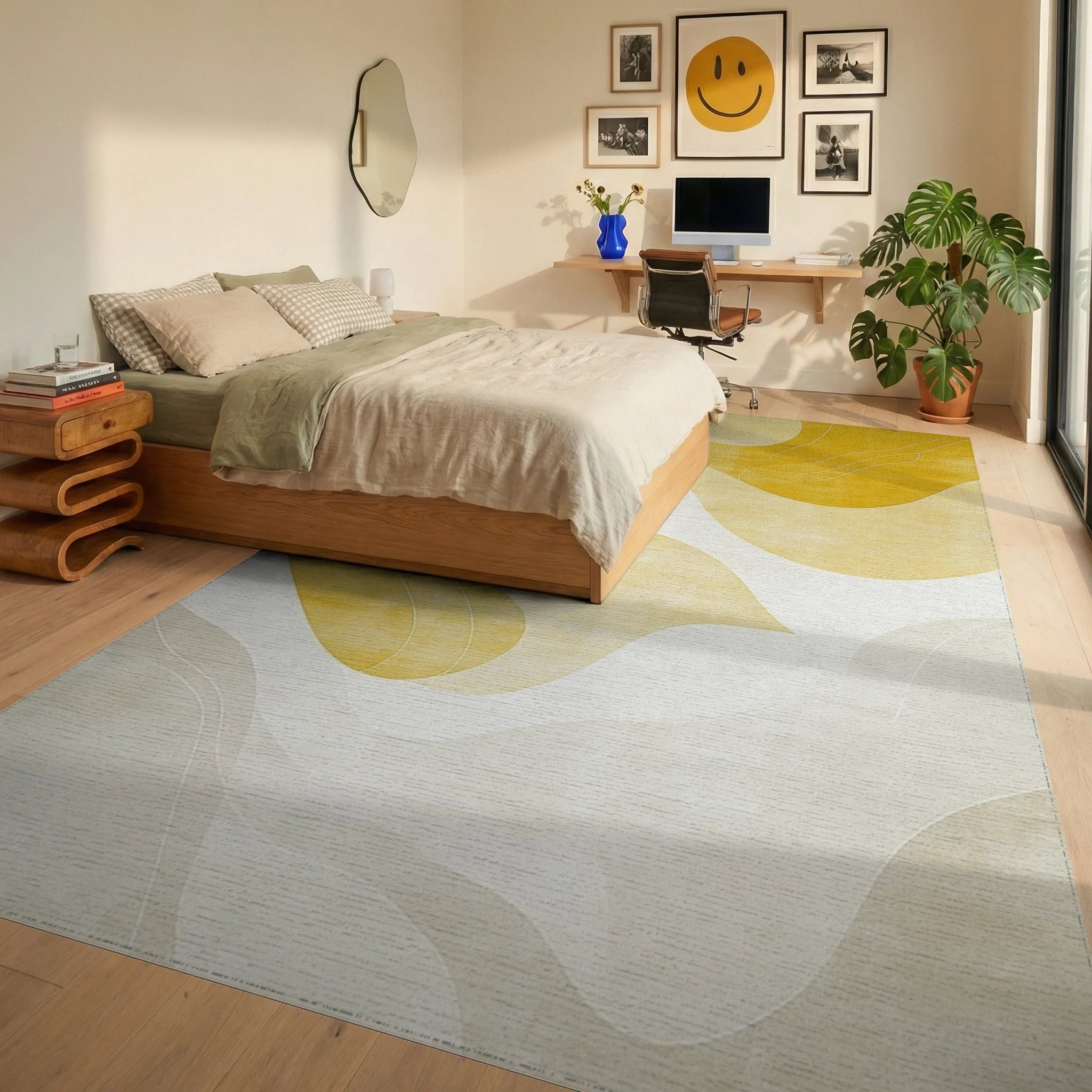 Abstract Flowing Yellow White Waves Rug - Bedroom View