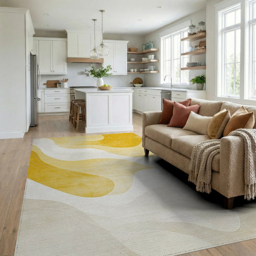 Abstract Flowing Yellow White Waves Rug - Living Room View