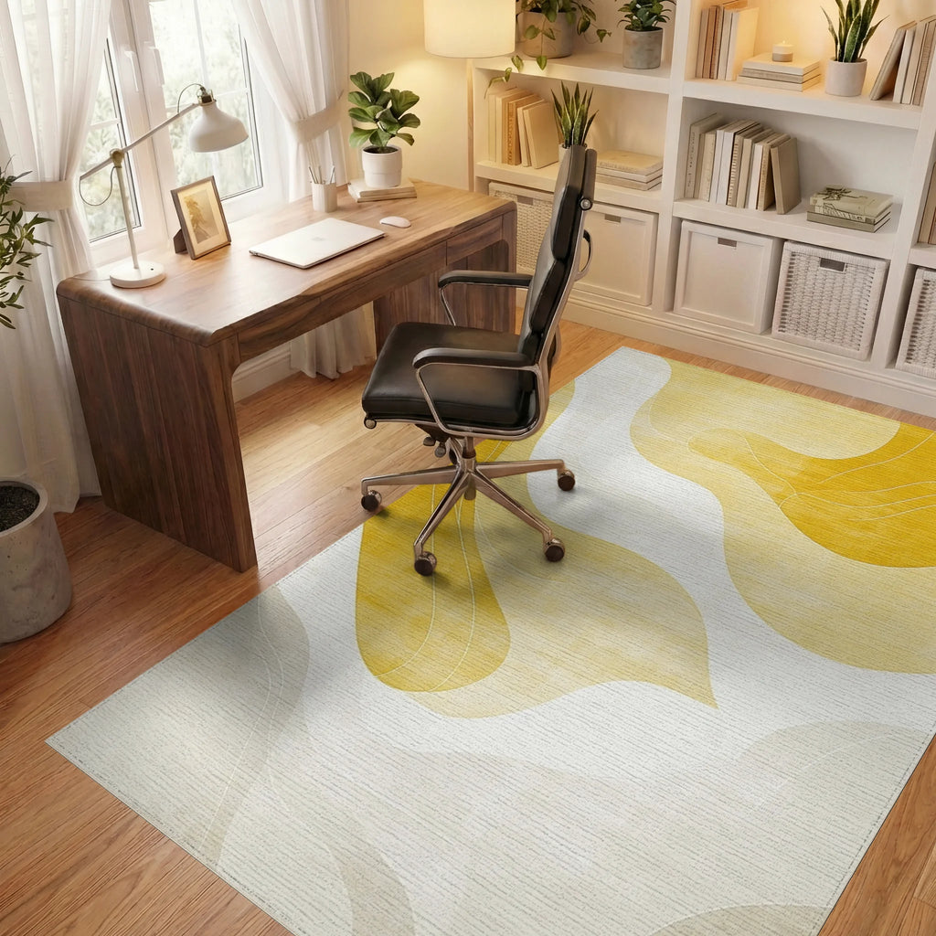 Abstract Flowing Yellow White Waves Rug - Office View