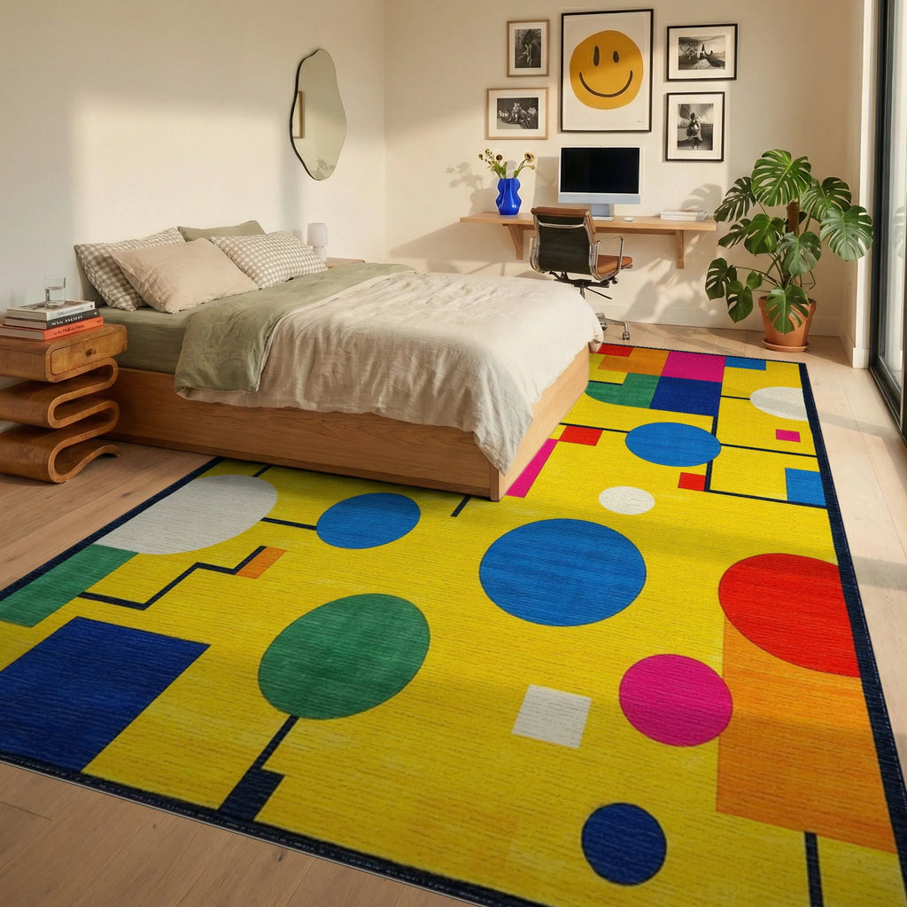 Abstract Geometric Colorful Circles Rug - Bedroom View