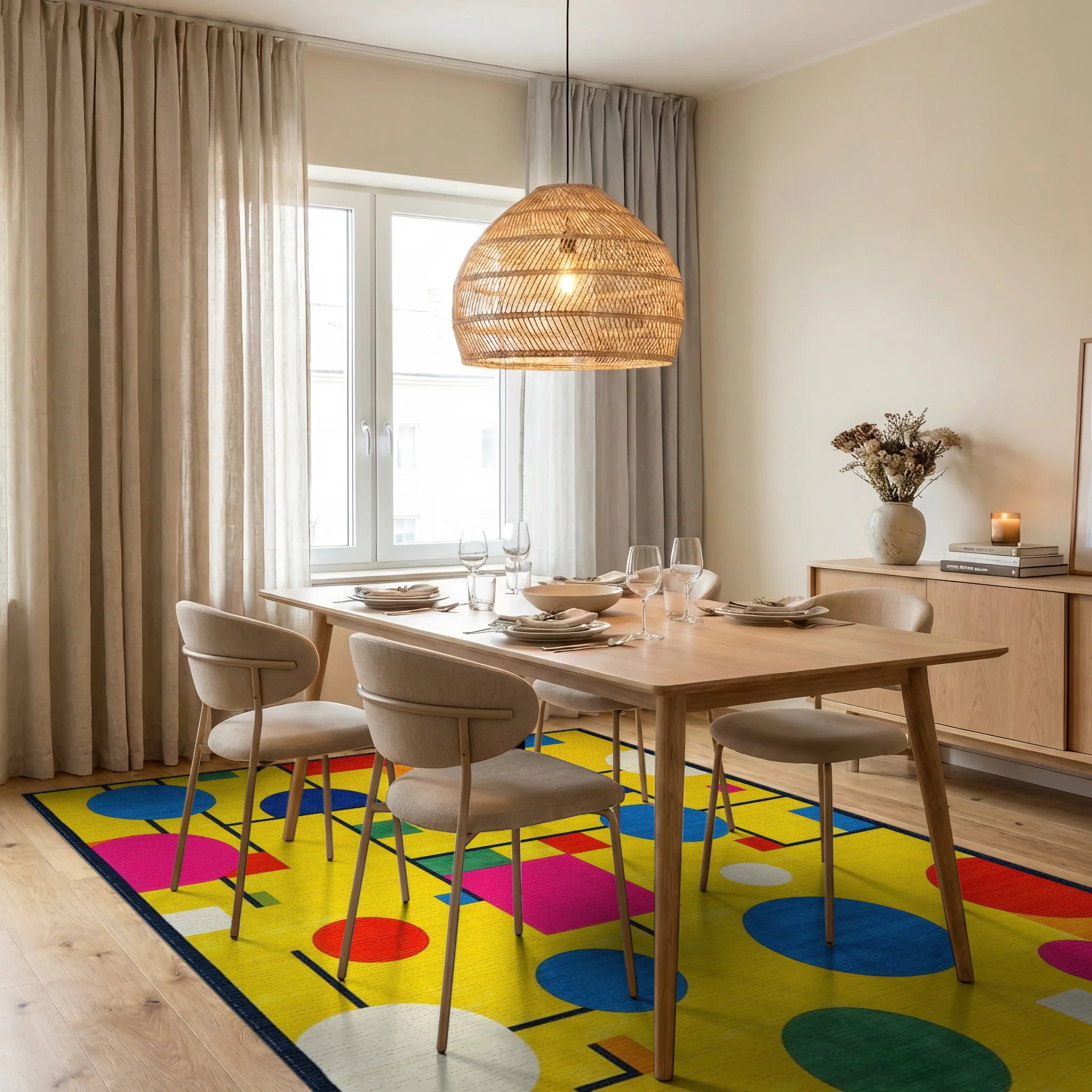 Abstract Geometric Colorful Circles Rug - Dining Room View