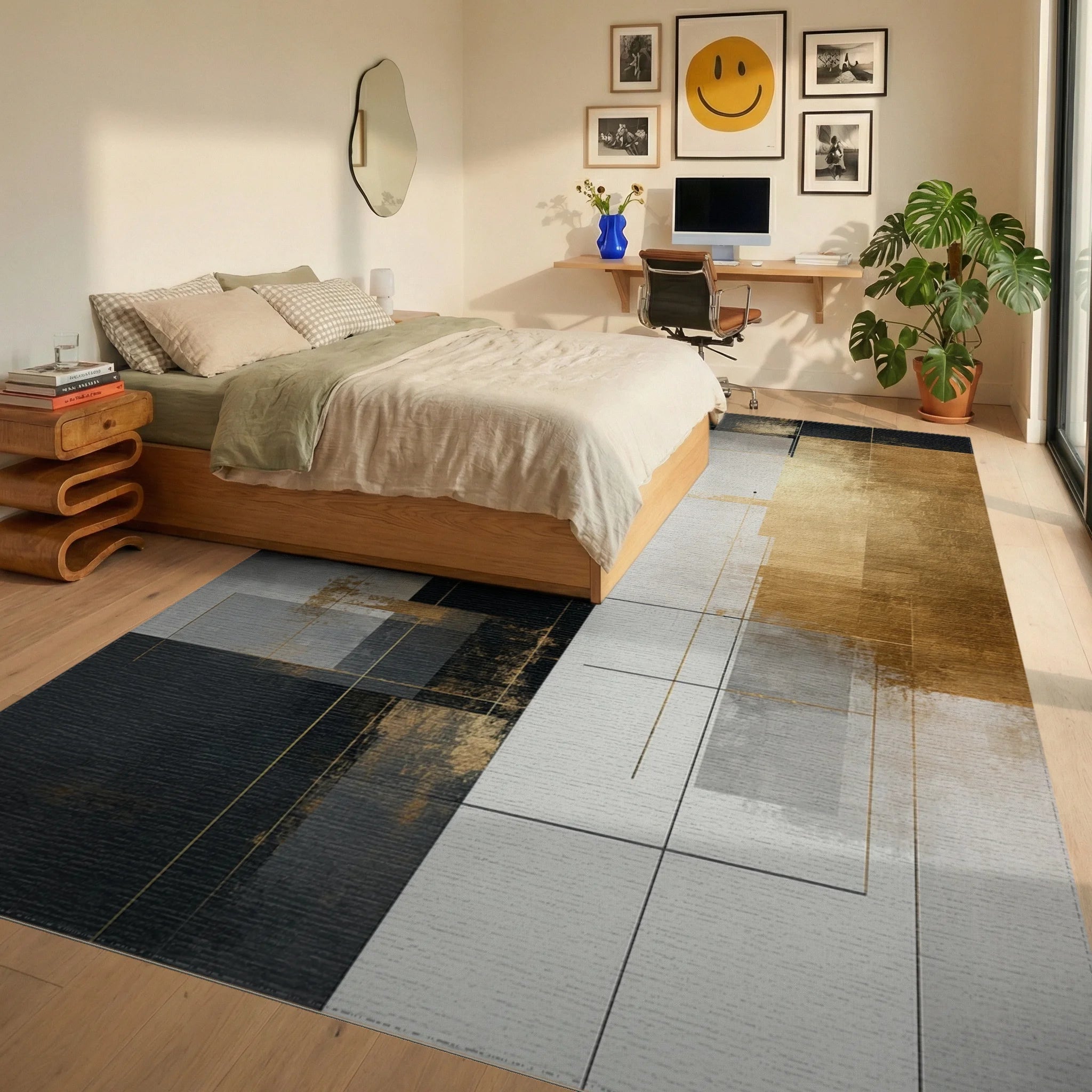 Abstract Geometric Gold and Black Rug Bedroom View