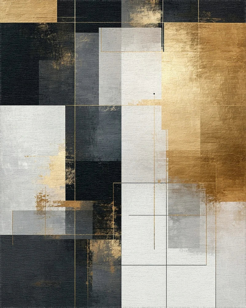 Abstract Geometric Gold and Black Rug - Cutout View