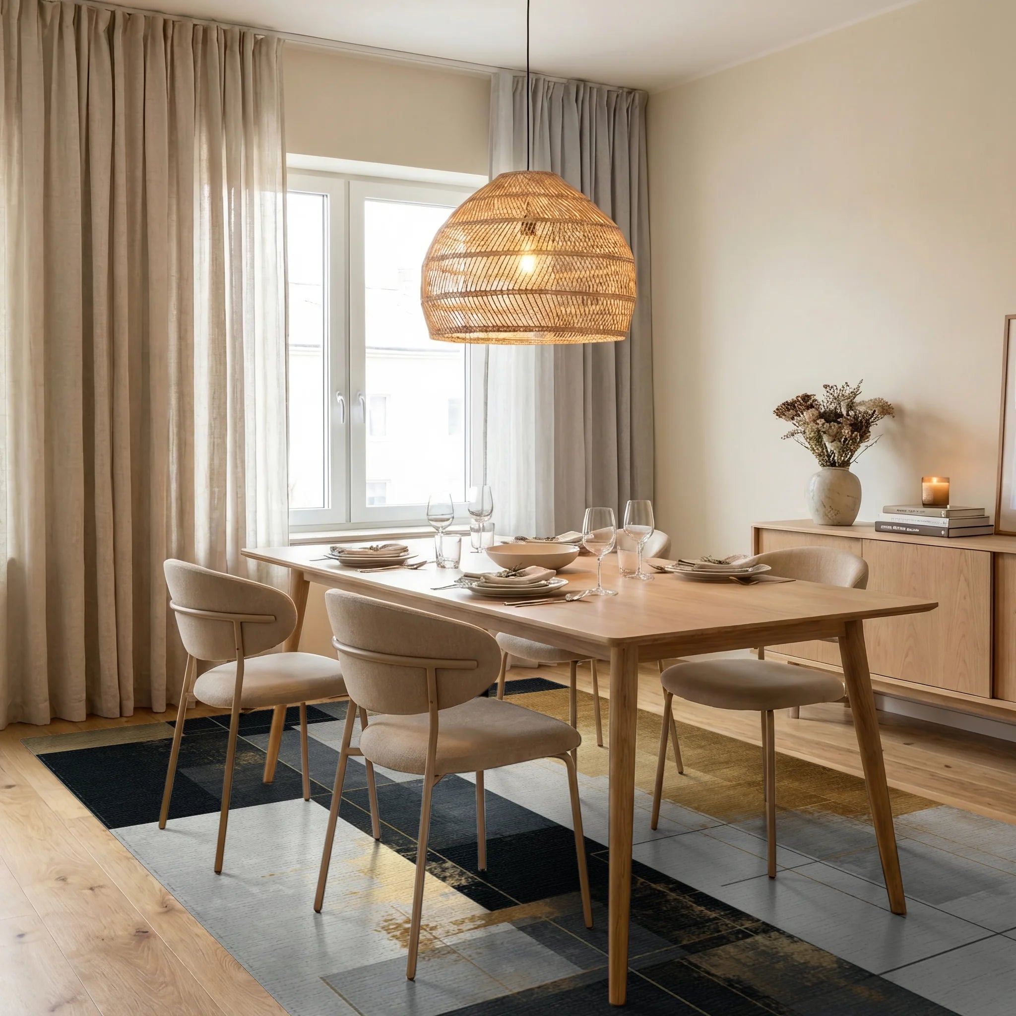 Abstract Geometric Gold and Black Rug Dining Room View
