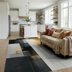 Abstract Geometric Gold and Black Rug Living Room View