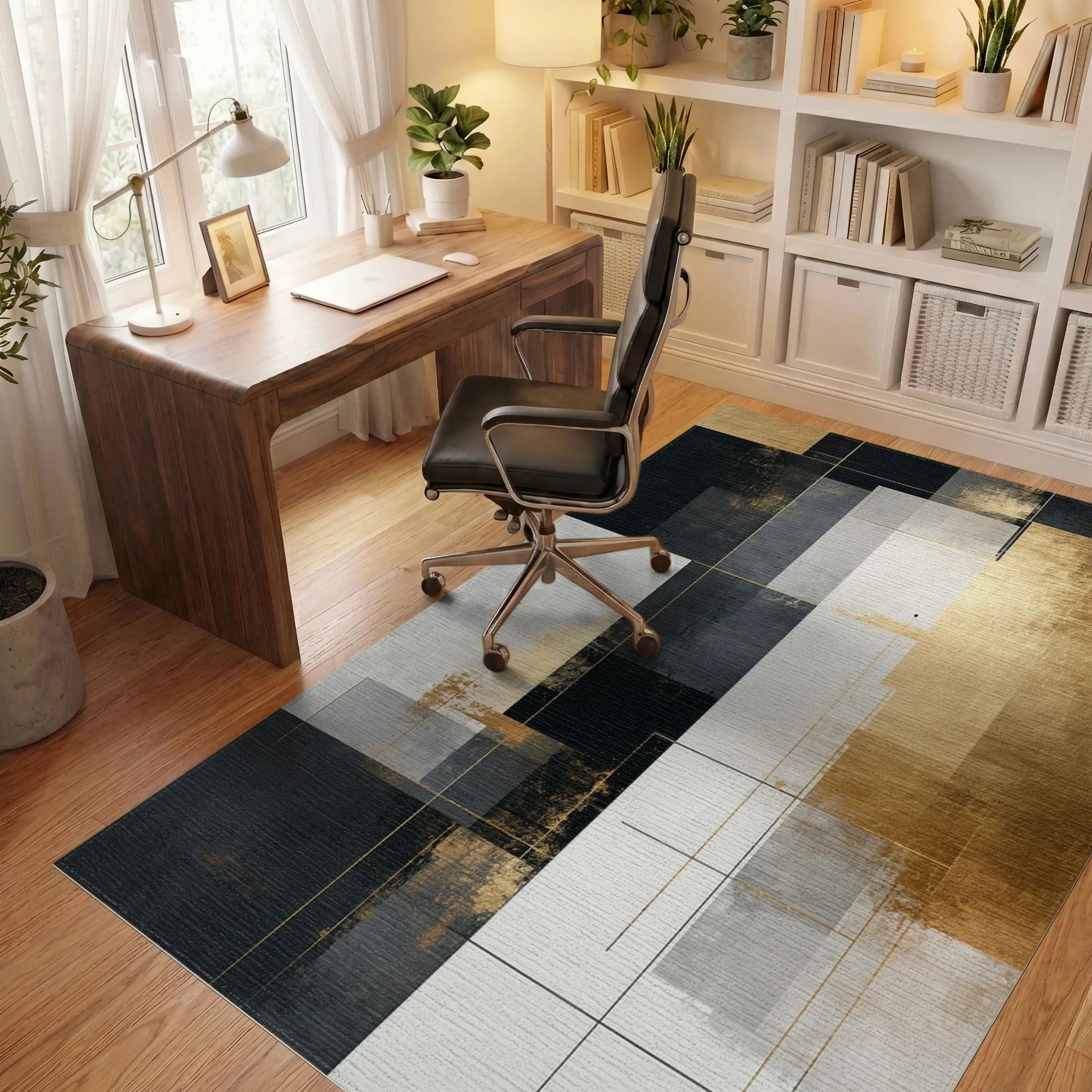 Abstract Geometric Gold and Black Rug Office View