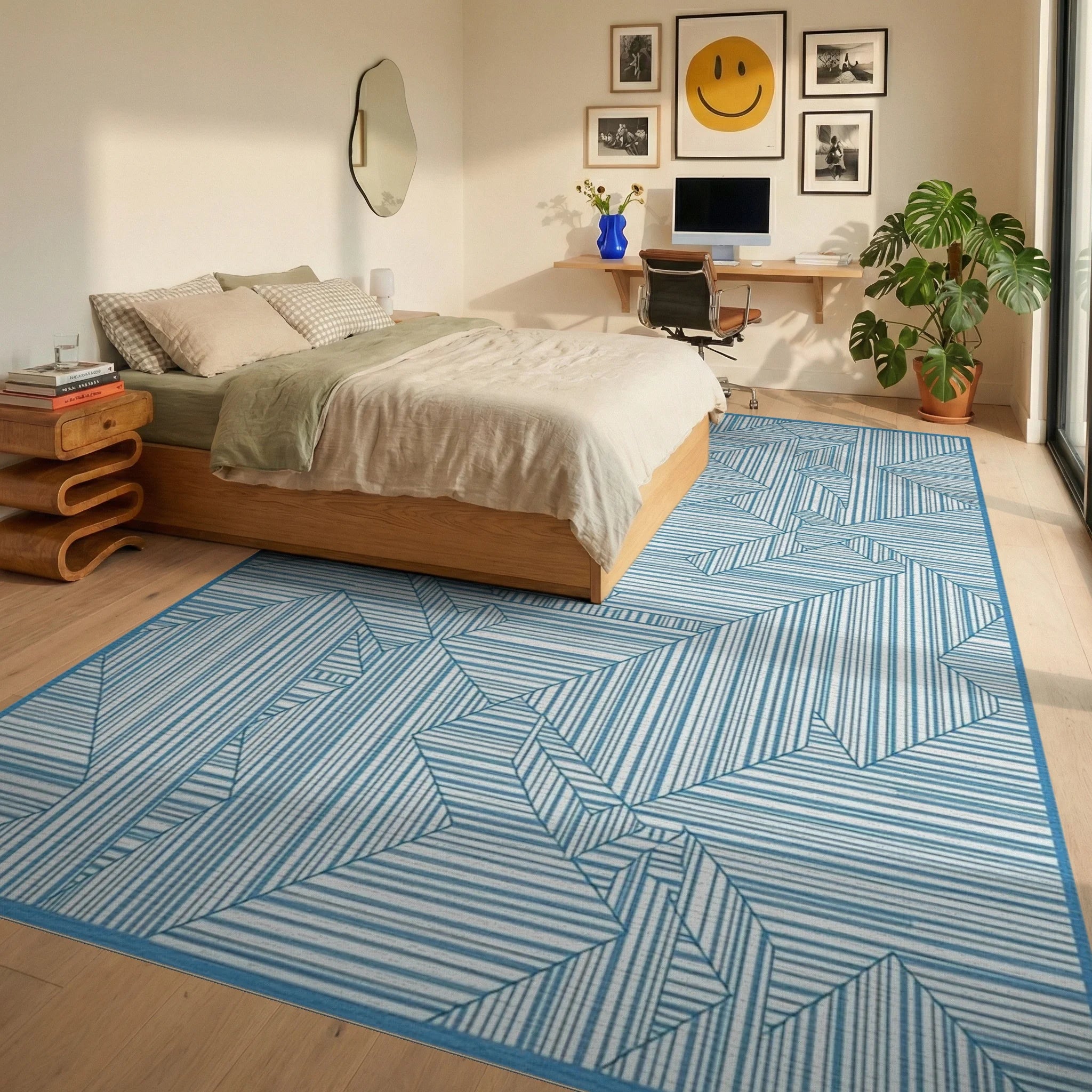 Abstract Geometric Lines Indigo Design Rug Bedroom View