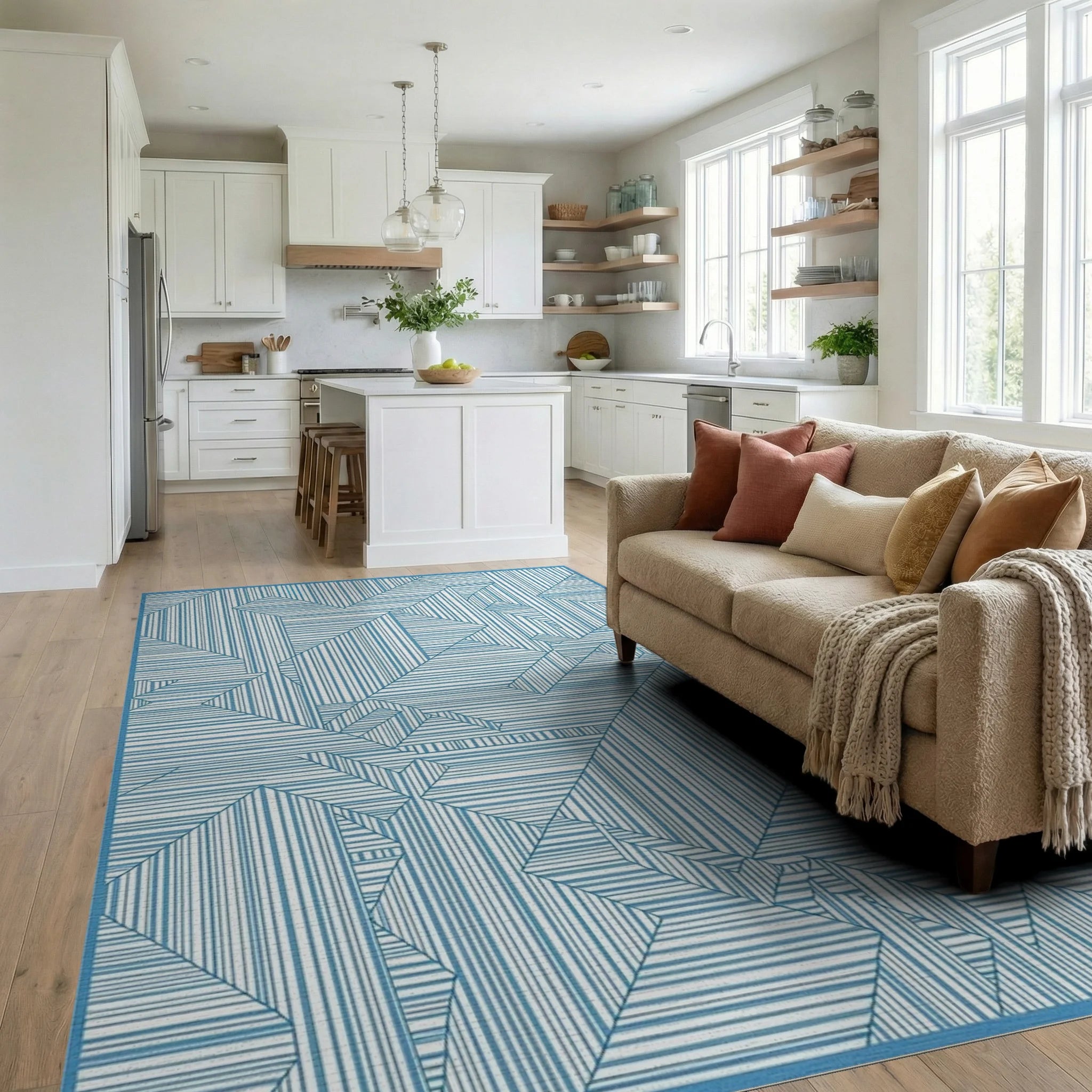 Abstract Geometric Lines Indigo Design Rug Living Room View