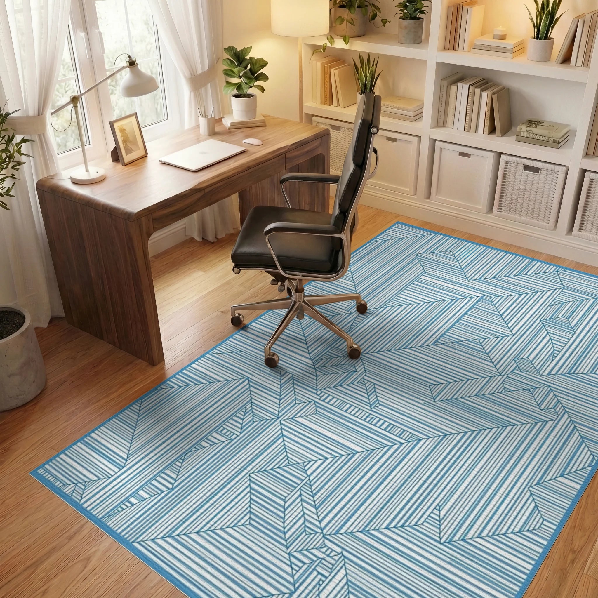 Abstract Geometric Lines Indigo Design Rug Office View