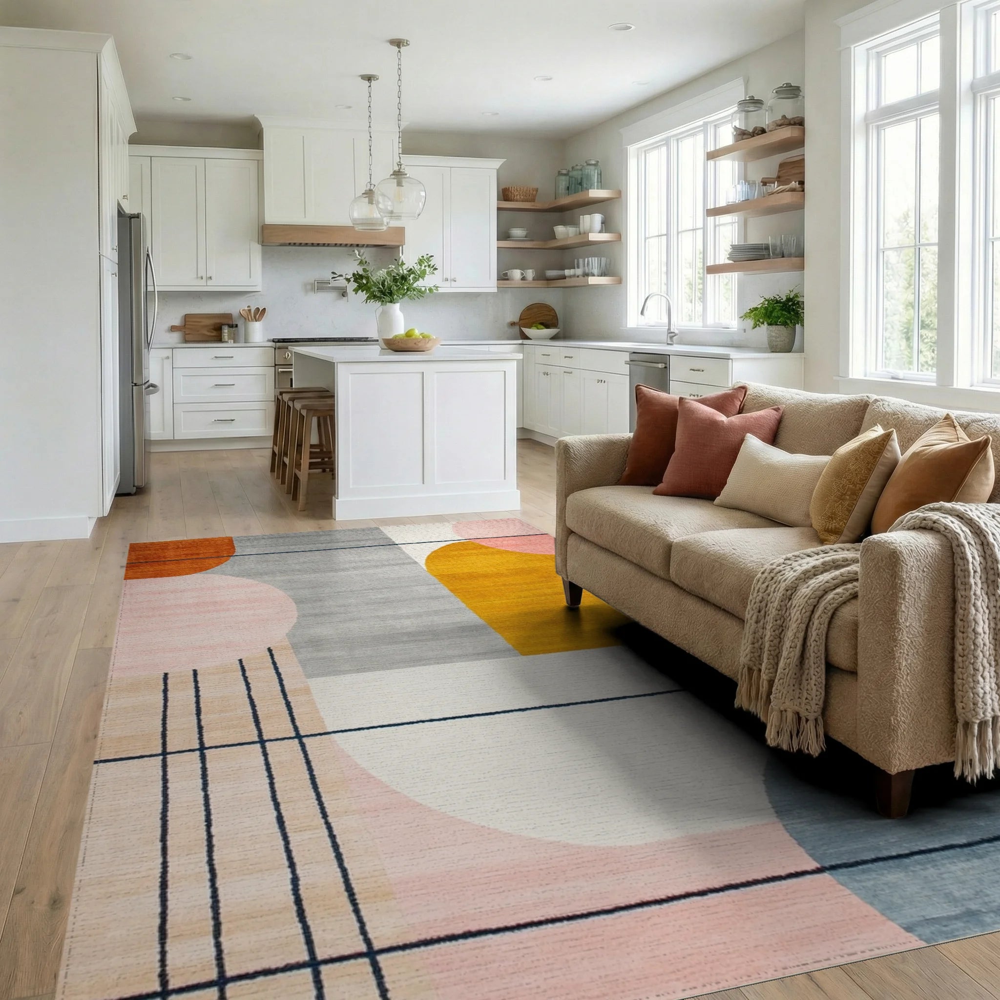 Abstract Geometric Mid Century Modern Rug - Living Room View