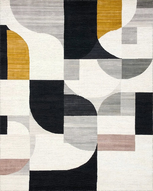 Abstract Geometric Mustard Black Design Rug - Cutout View