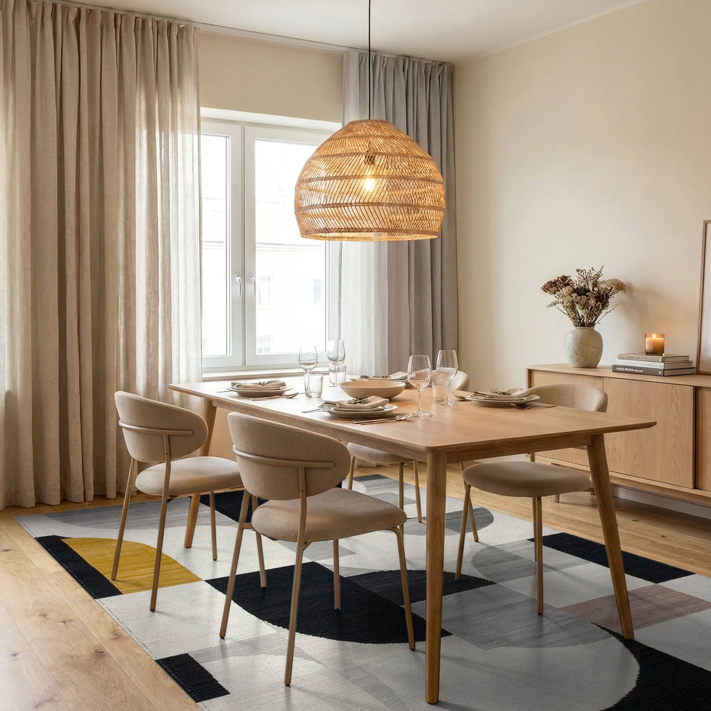 Abstract Geometric Mustard Black Design Rug - Dining Room View