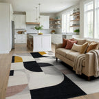 Abstract Geometric Mustard Black Design Rug - Living Room View