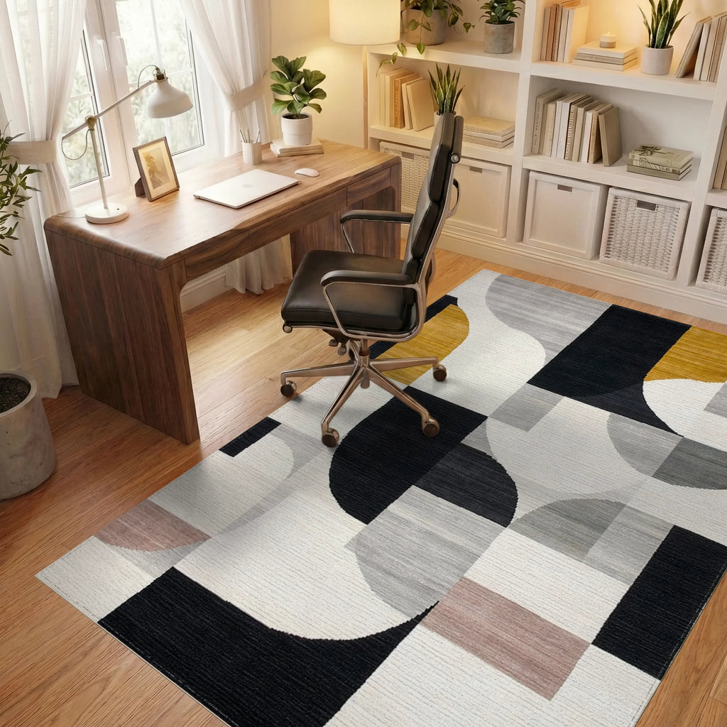 Abstract Geometric Mustard Black Design Rug - Office View