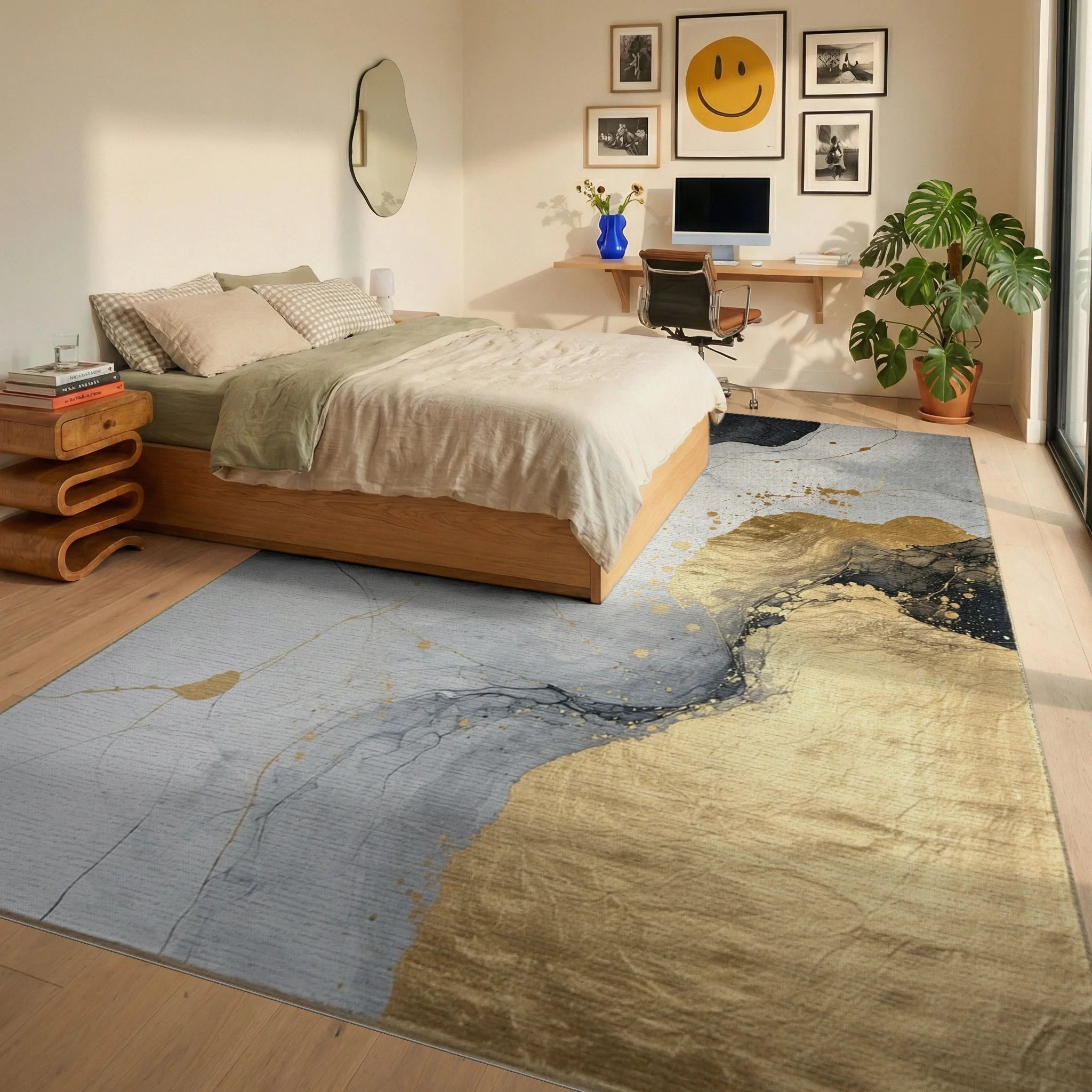 Abstract Gold Black Marble Liquid Design Rug Bedroom View