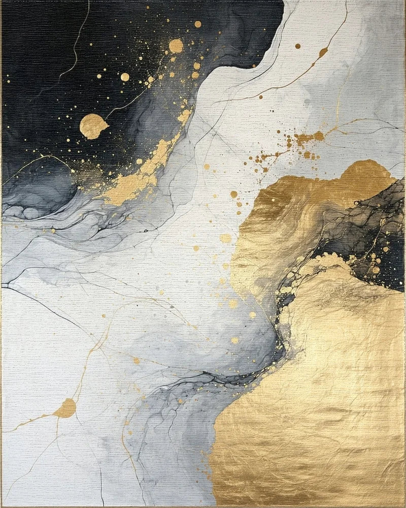 Abstract Gold Black Marble Liquid Design Rug - Cutout View