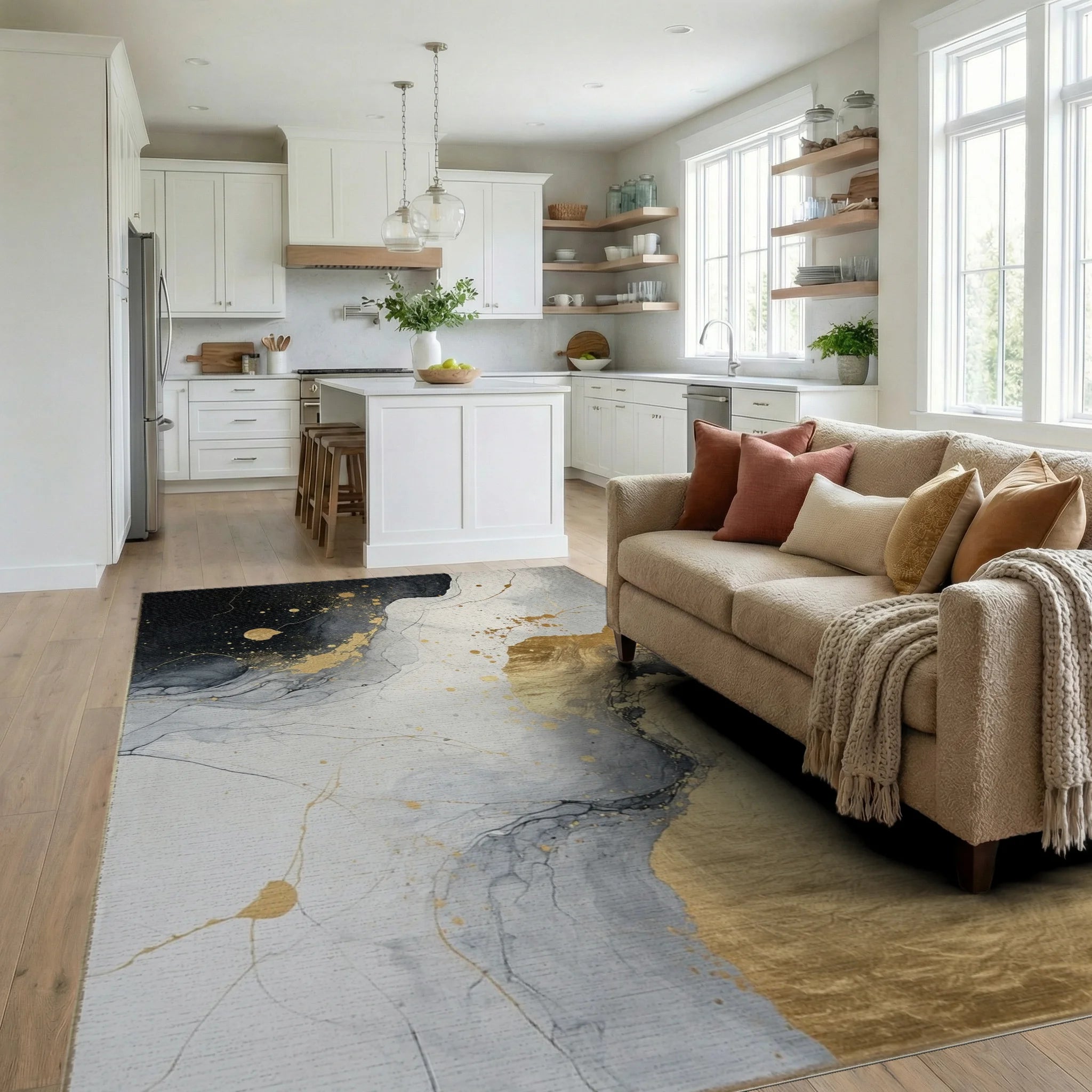 Abstract Gold Black Marble Liquid Design Rug Living Room View