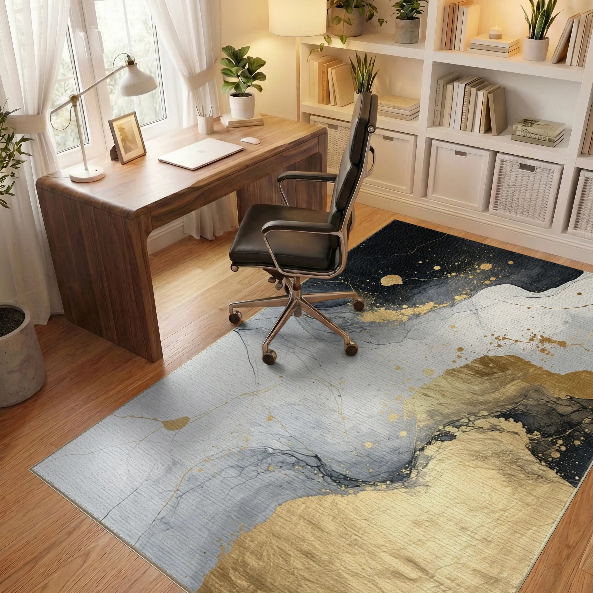 Abstract Gold Black Marble Liquid Design Rug Office View