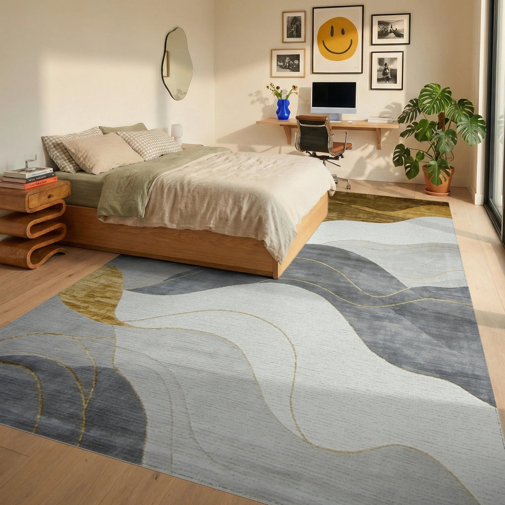Abstract Gold Gray Wave Landscape Rug - Bedroom View