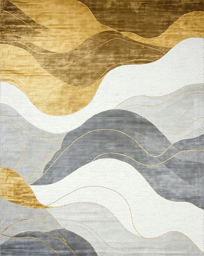 Abstract Gold Gray Wave Landscape Rug - Cutout View