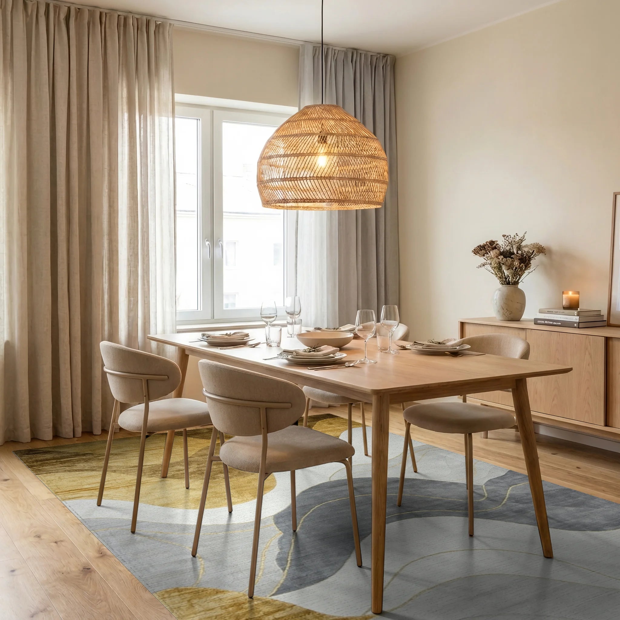 Abstract Gold Gray Wave Landscape Rug - Dining Room View