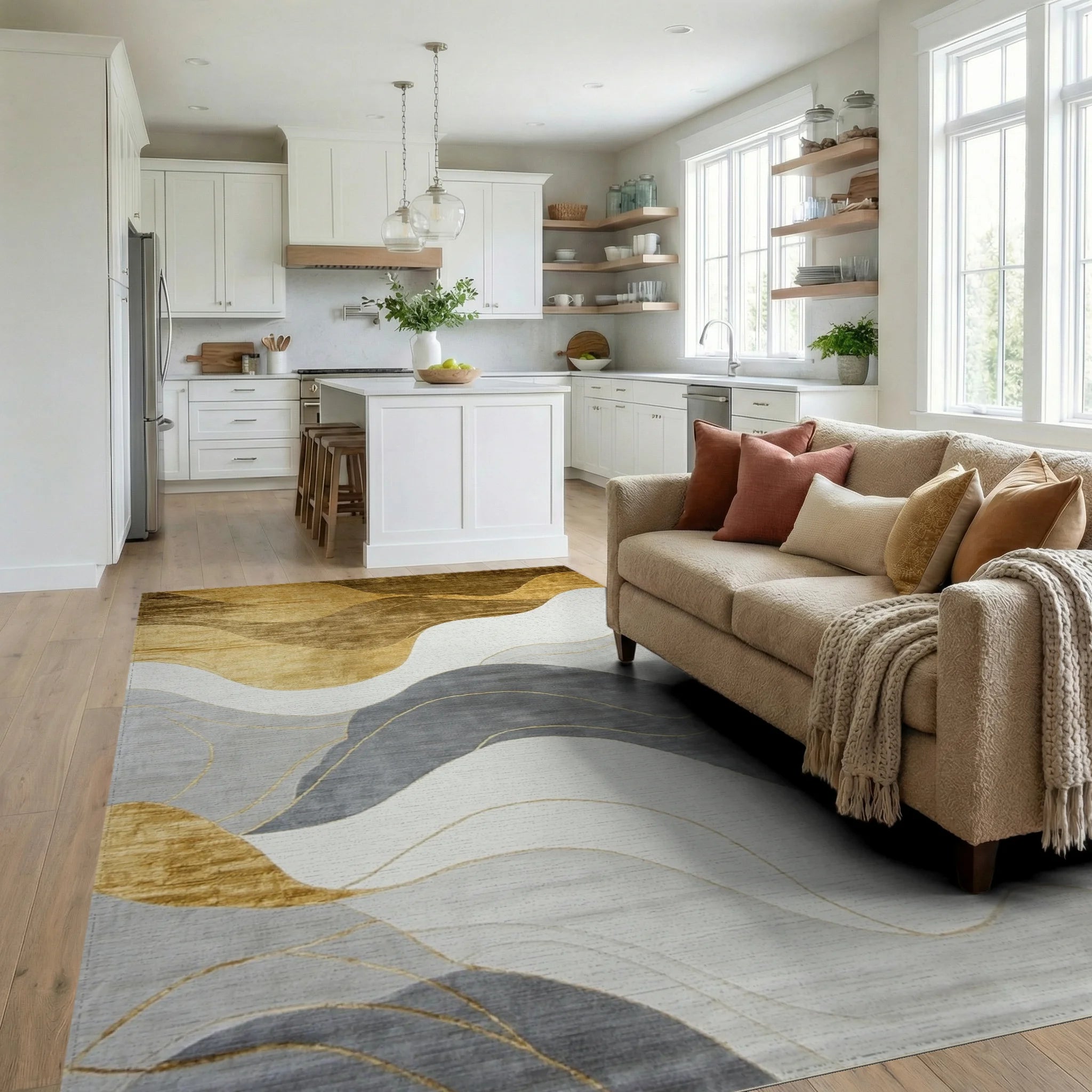 Abstract Gold Gray Wave Landscape Rug - Living Room View