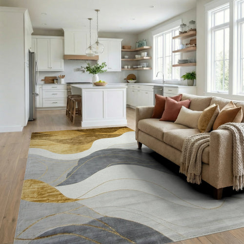Abstract Gold Gray Wave Landscape Rug - Living Room View