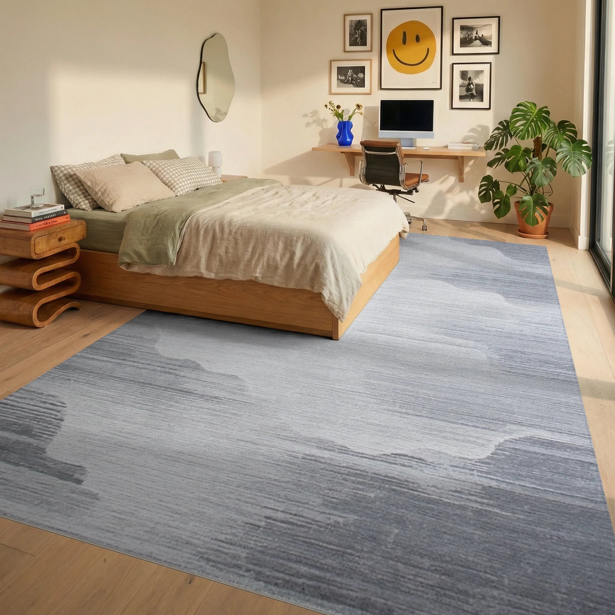 Abstract Gray Cloudscape Textured Rug - Bedroom View