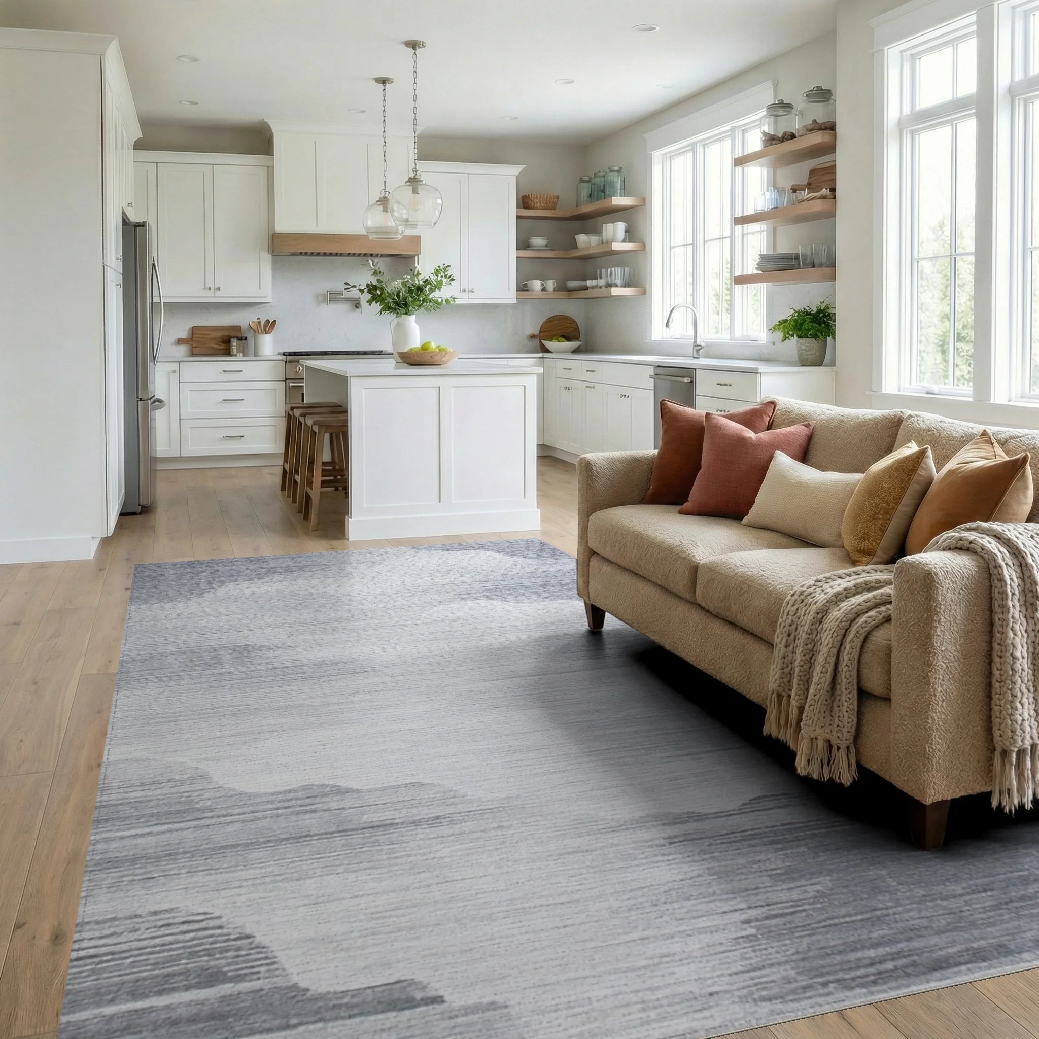 Abstract Gray Cloudscape Textured Rug - Living Room View