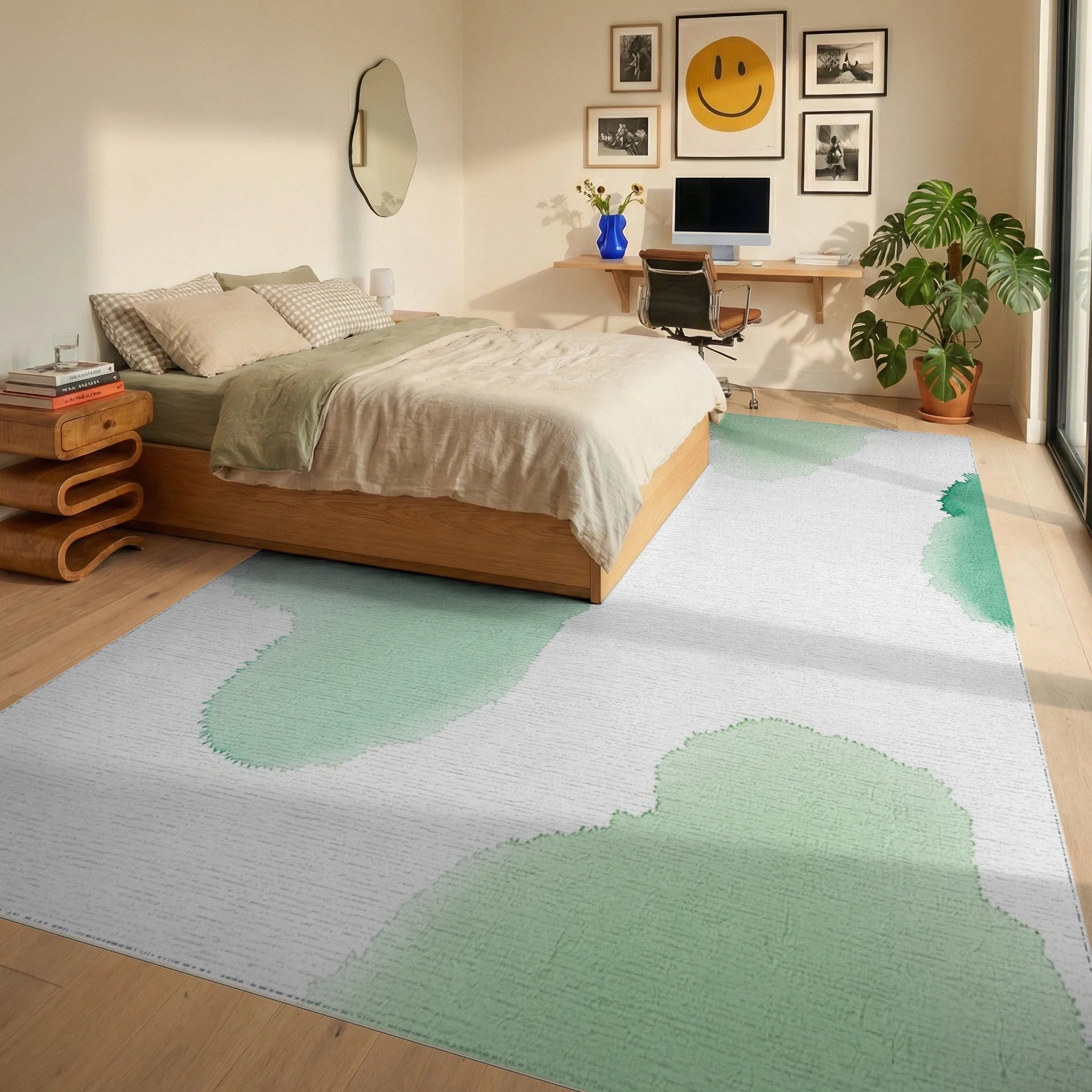 Abstract Green Watercolor Splatter Rug Bedroom View