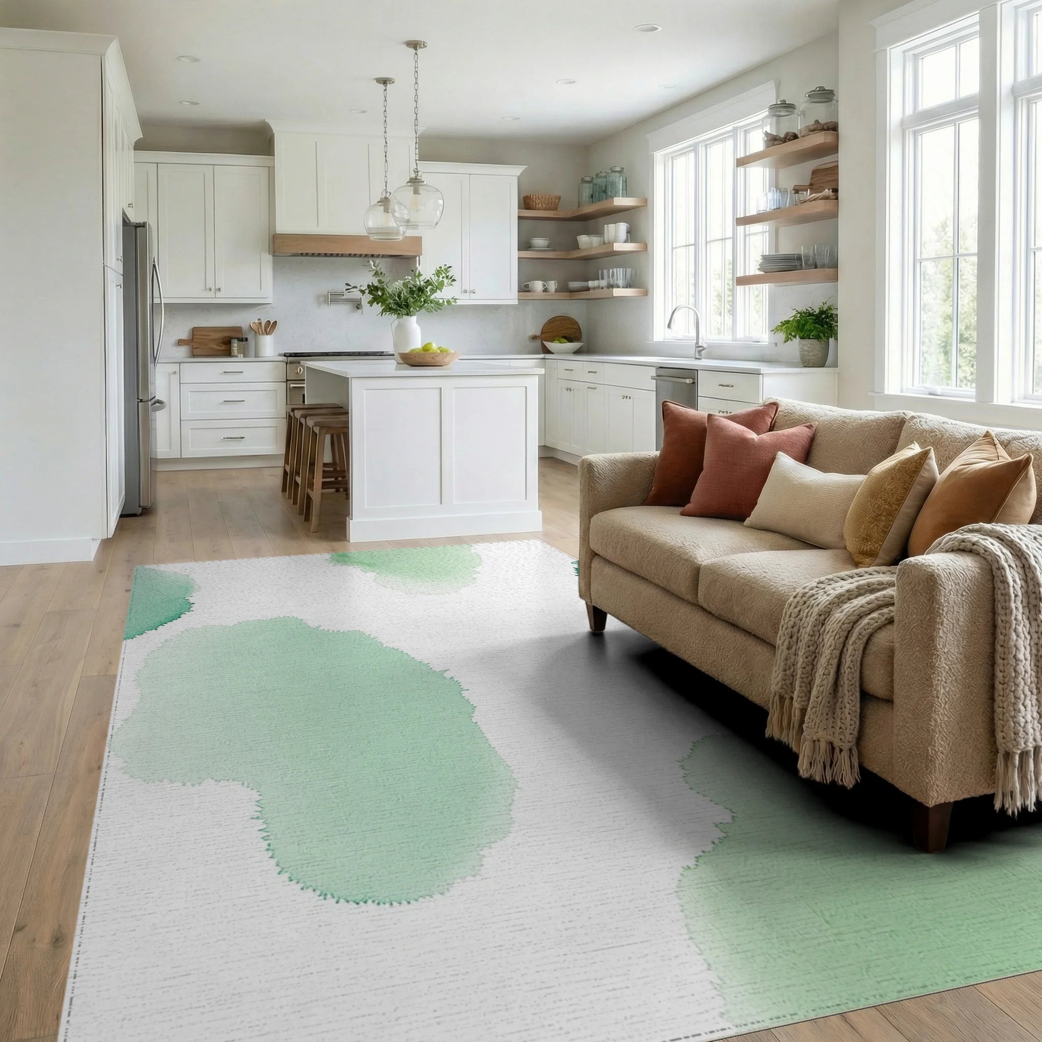 Abstract Green Watercolor Splatter Rug Living Room View