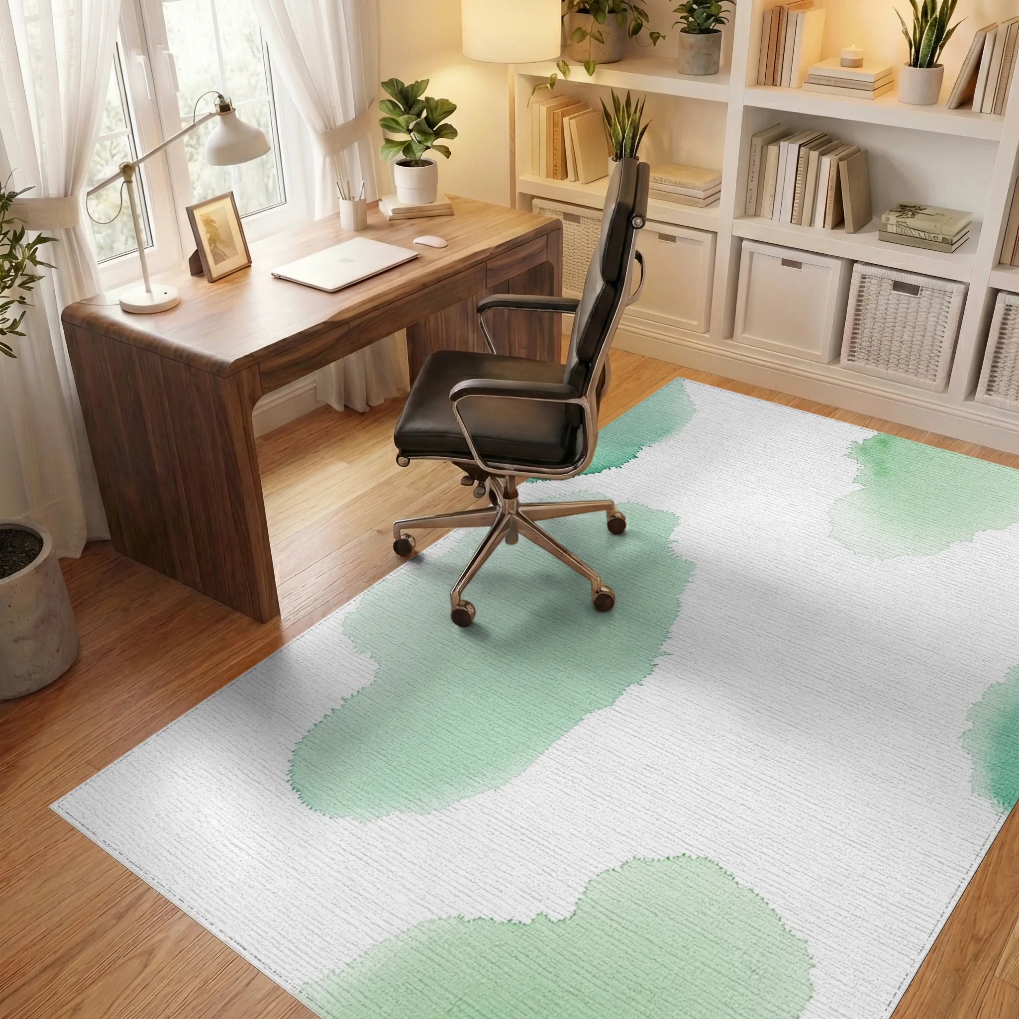Abstract Green Watercolor Splatter Rug Office View