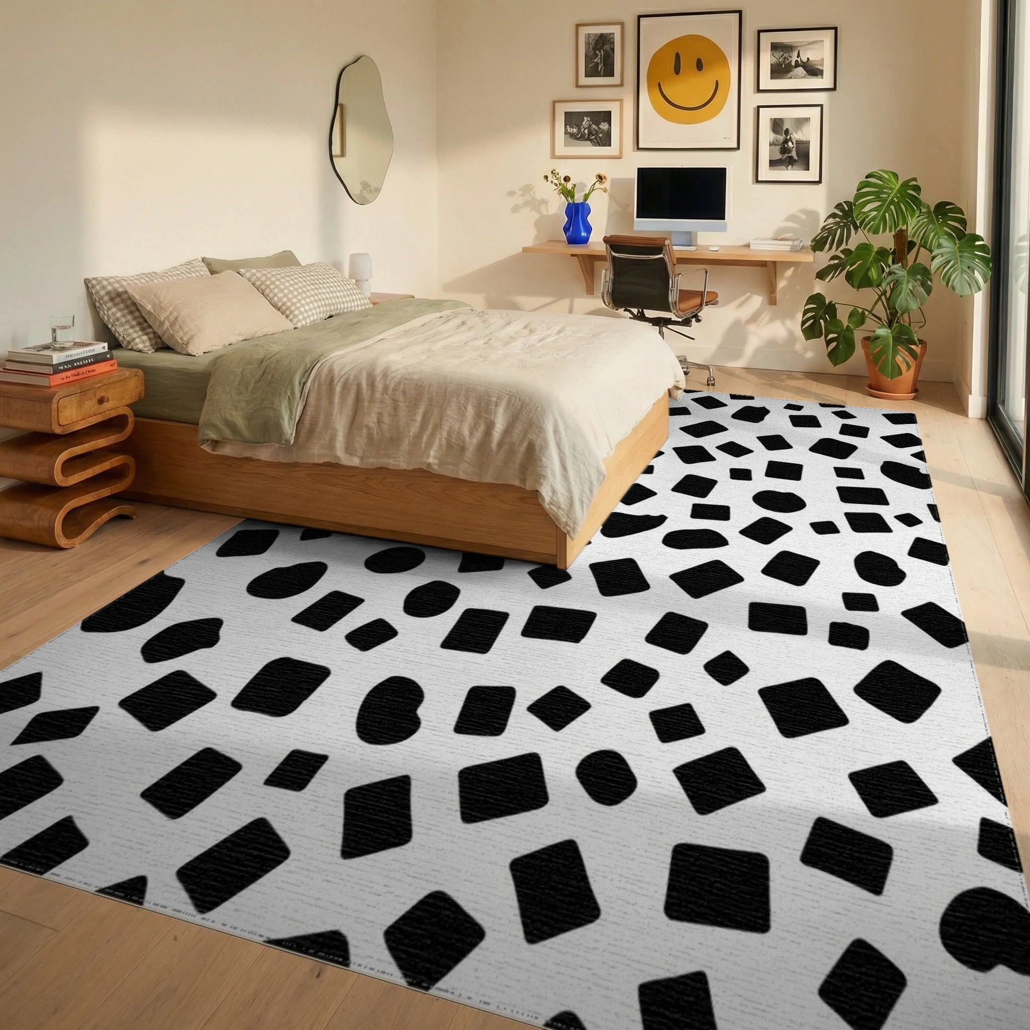 Abstract Irregular Black Shapes Rug Bedroom View