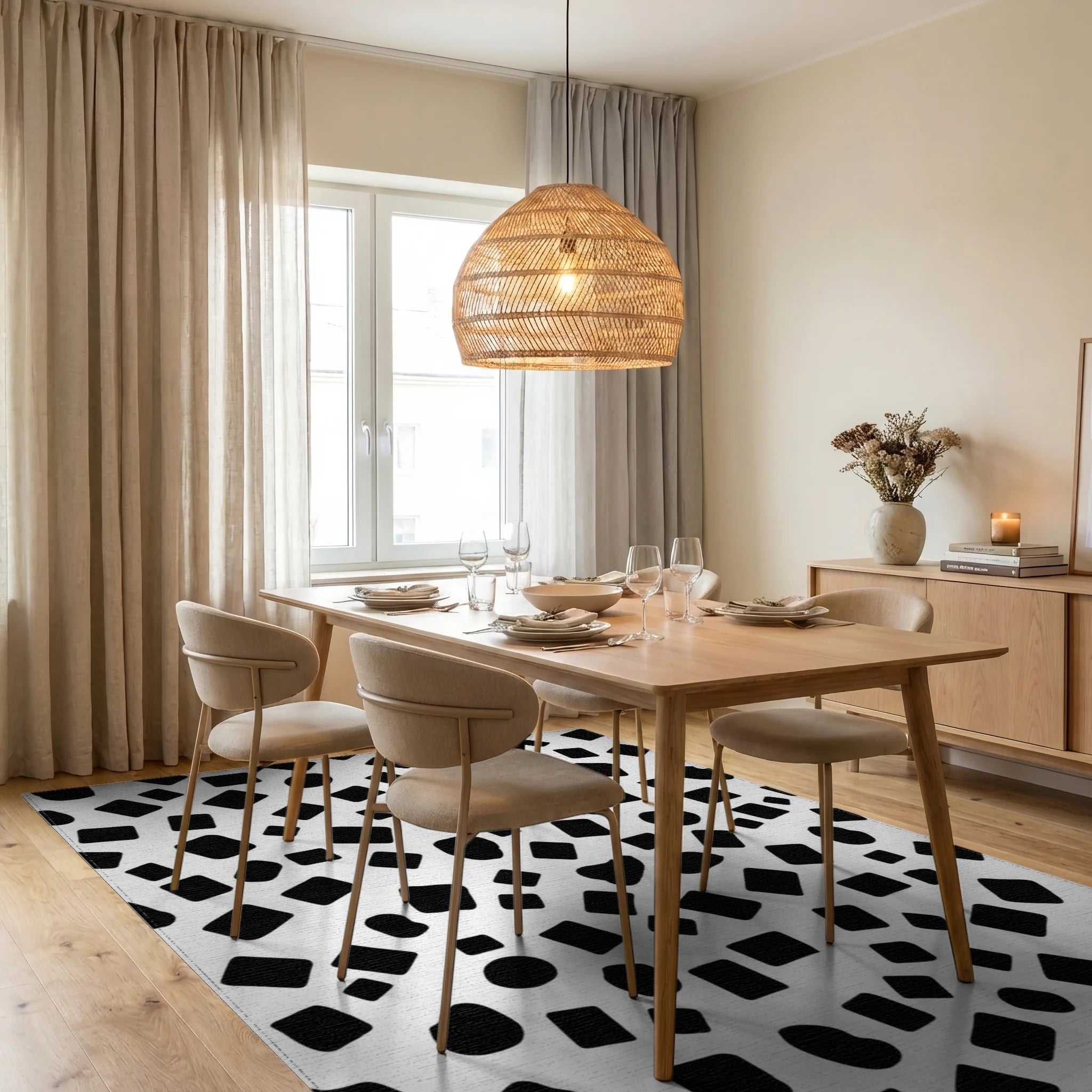 Abstract Irregular Black Shapes Rug Dining Room View