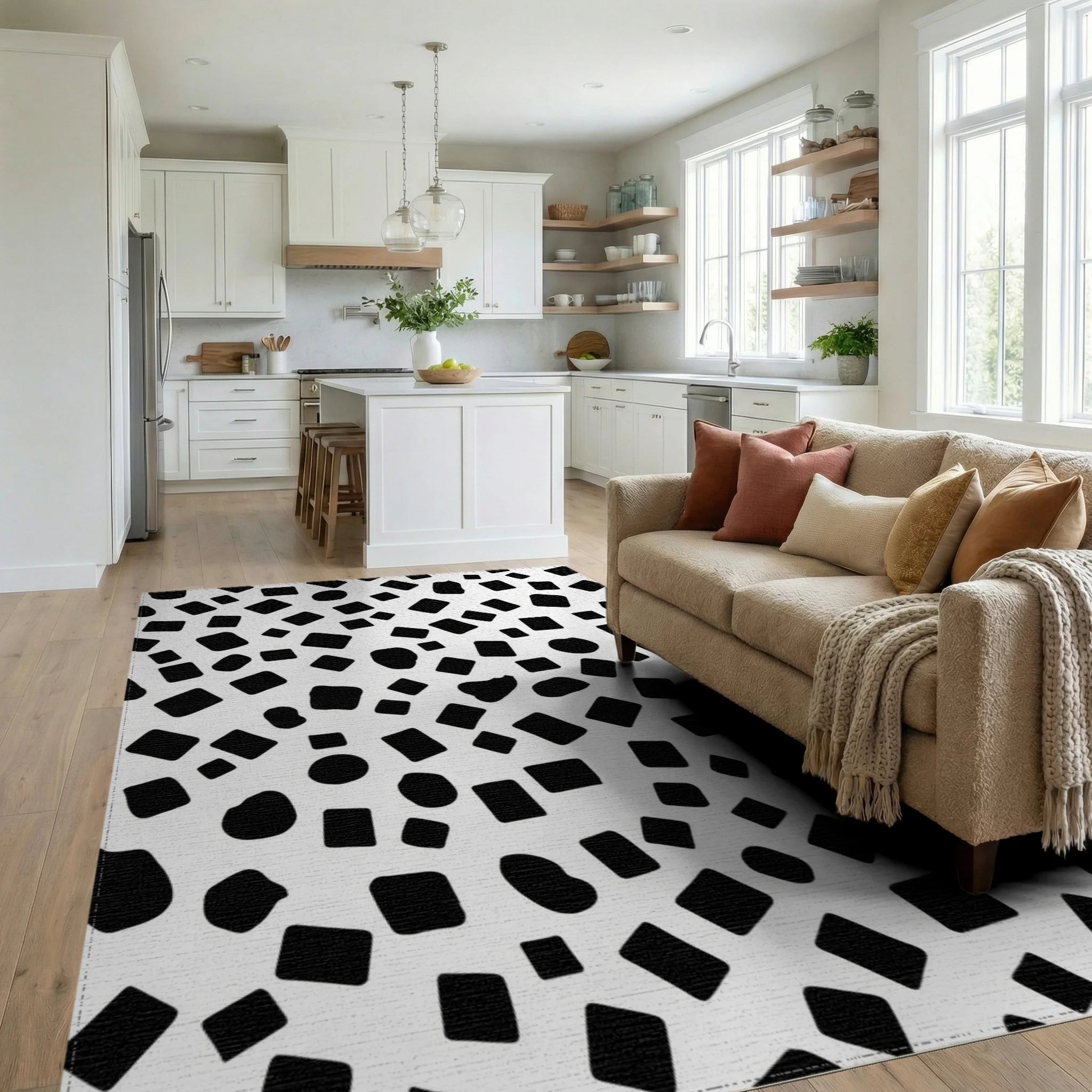 Abstract Irregular Black Shapes Rug Living Room View