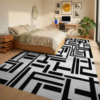 Abstract Labyrinth Black White Design Rug - Bedroom View