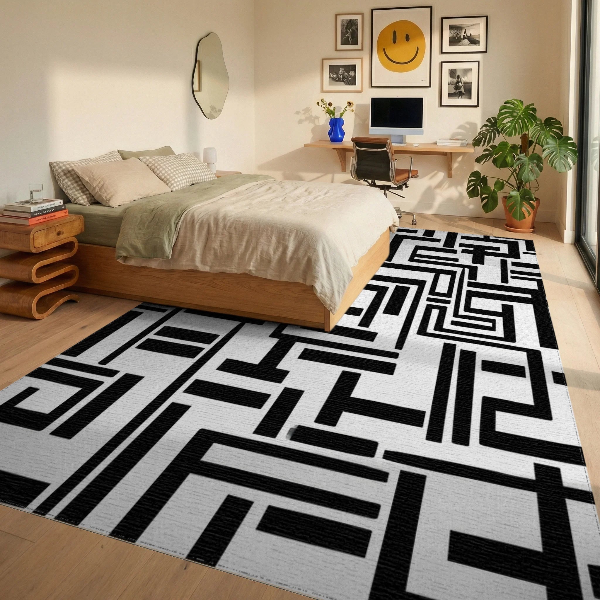 Abstract Labyrinth Black White Design Rug - Bedroom View