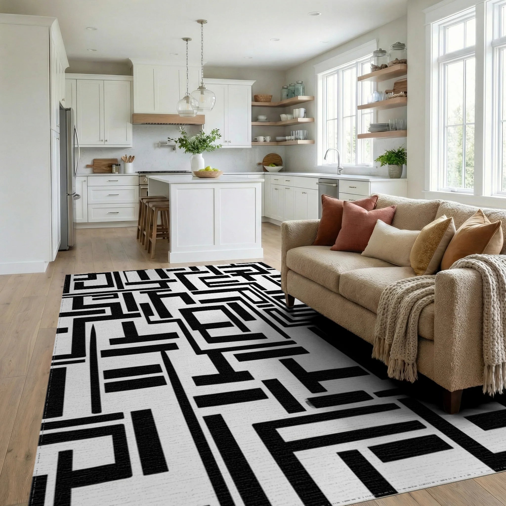Abstract Labyrinth Black White Design Rug - Living Room View