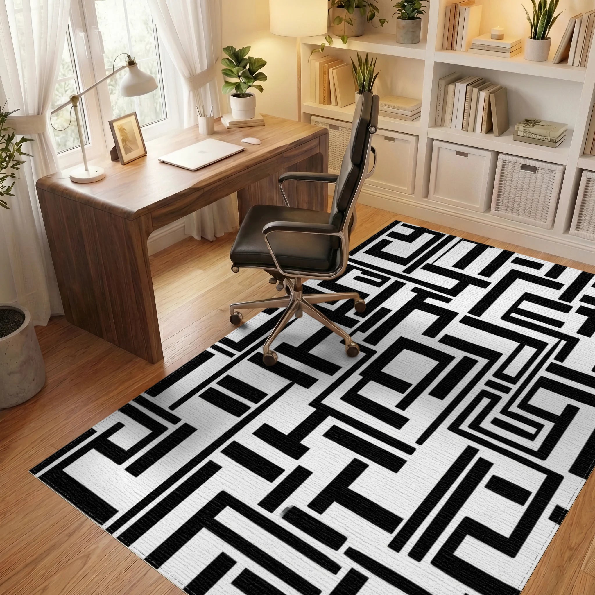 Abstract Labyrinth Black White Design Rug - Office View