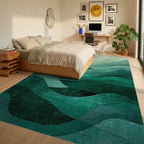 Abstract Layered Green Waves Rug - Bedroom View