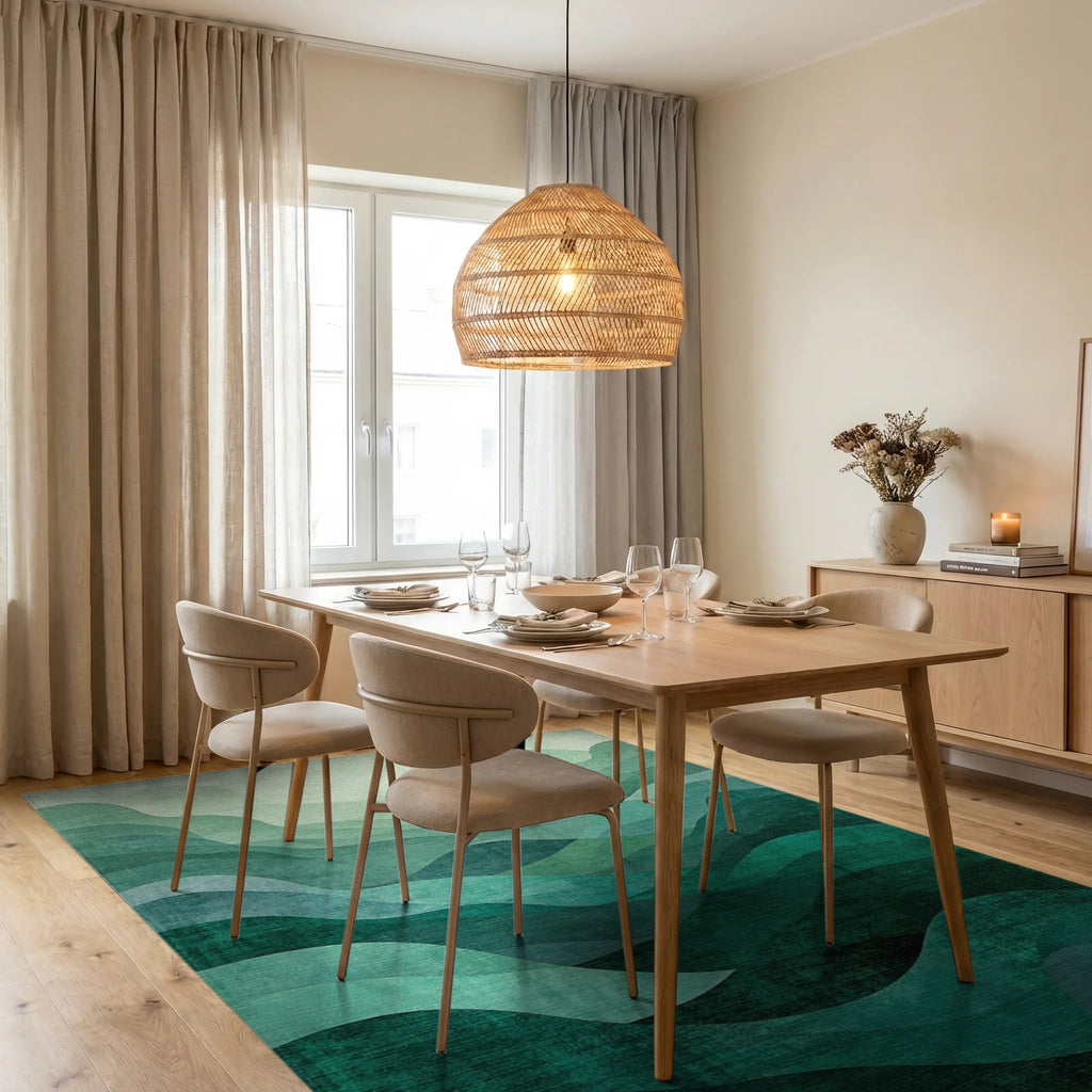 Abstract Layered Green Waves Rug - Dining Room View