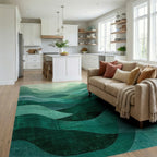 Abstract Layered Green Waves Rug - Living Room View
