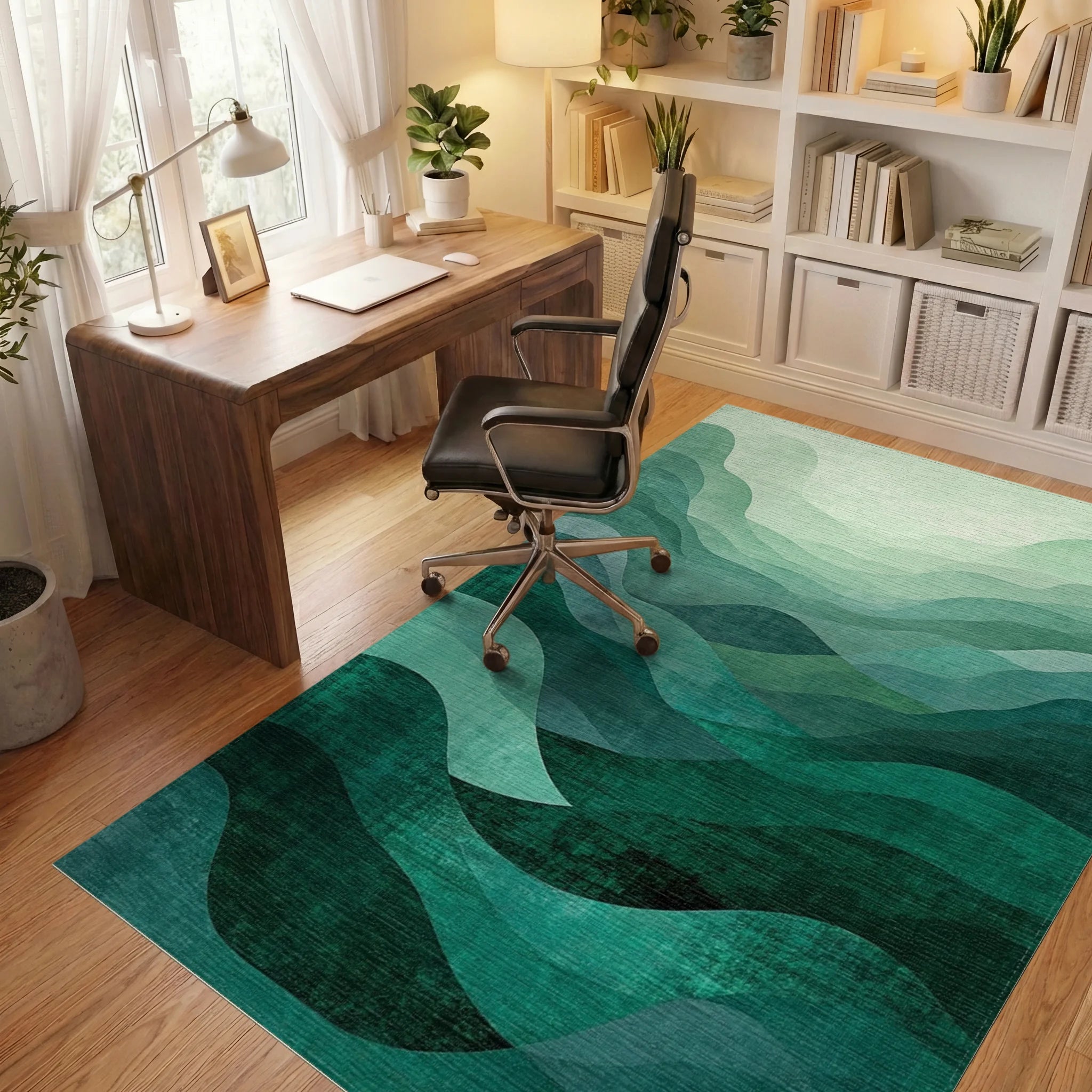 Abstract Layered Green Waves Rug - Office View