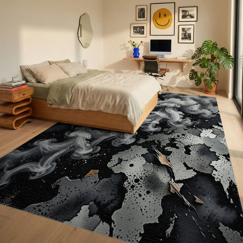 Abstract Monochrome Smoke Swirl Rug Bedroom View