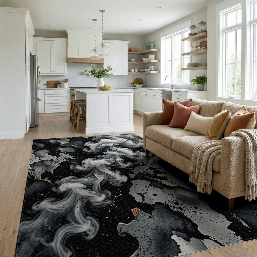 Abstract Monochrome Smoke Swirl Rug Living Room View