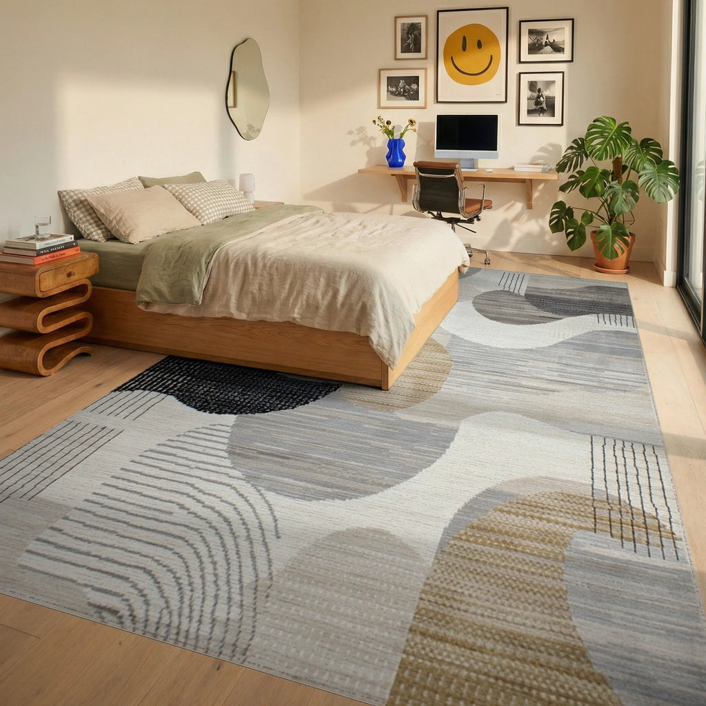 Abstract Neutral Organic Shapes Rug - Bedroom View
