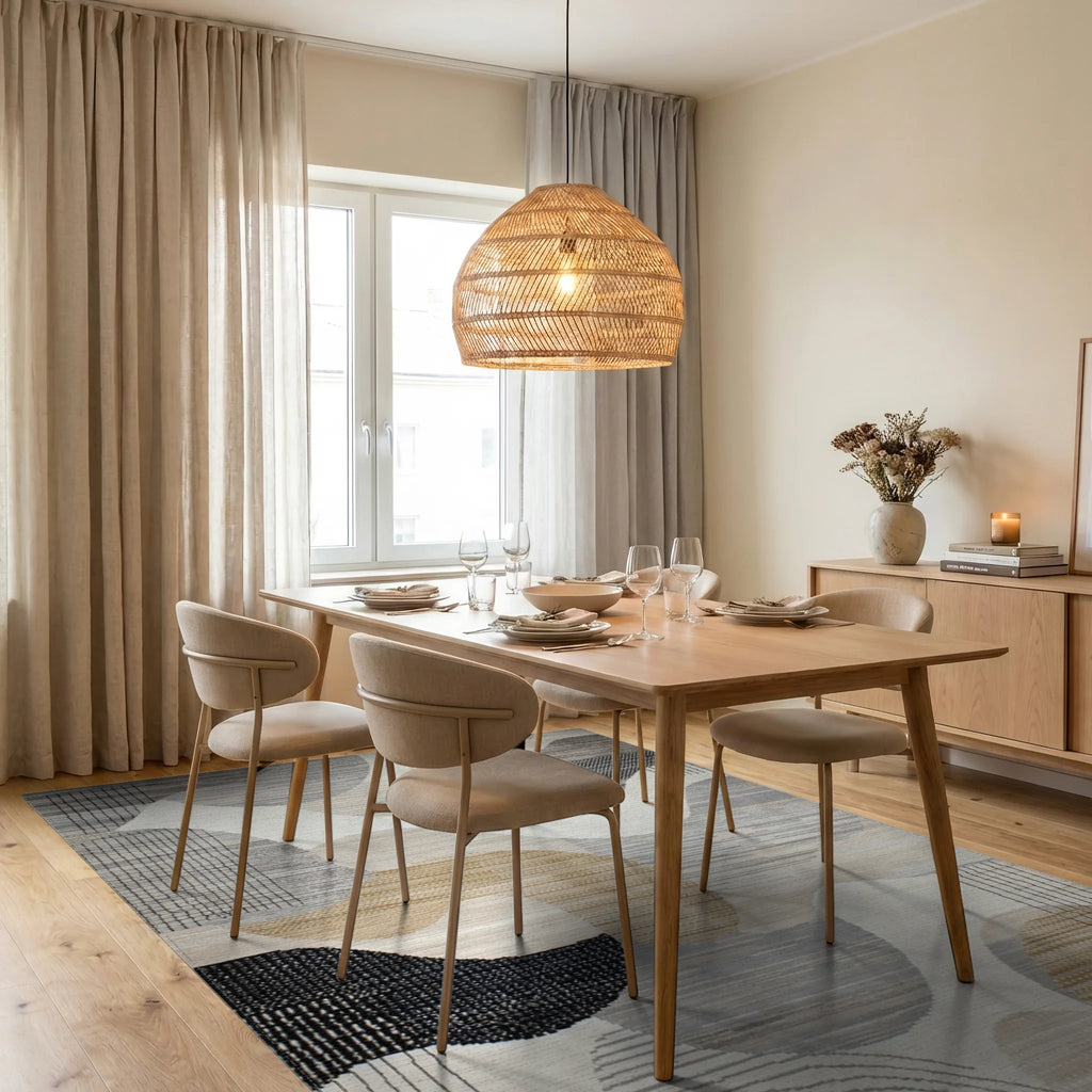 Abstract Neutral Organic Shapes Rug - Dining Room View